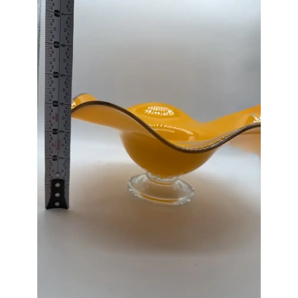 Teleflora MCM Orange Handblown Art Glass Ruffled Footed Compote Pedestal Bowl